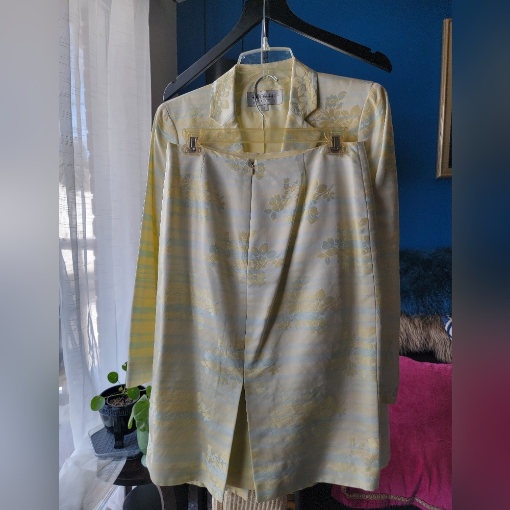 Vintage Worth 8P Skirt Jacket Suit Set Yellow Blue Floral - Picture 8 of 16